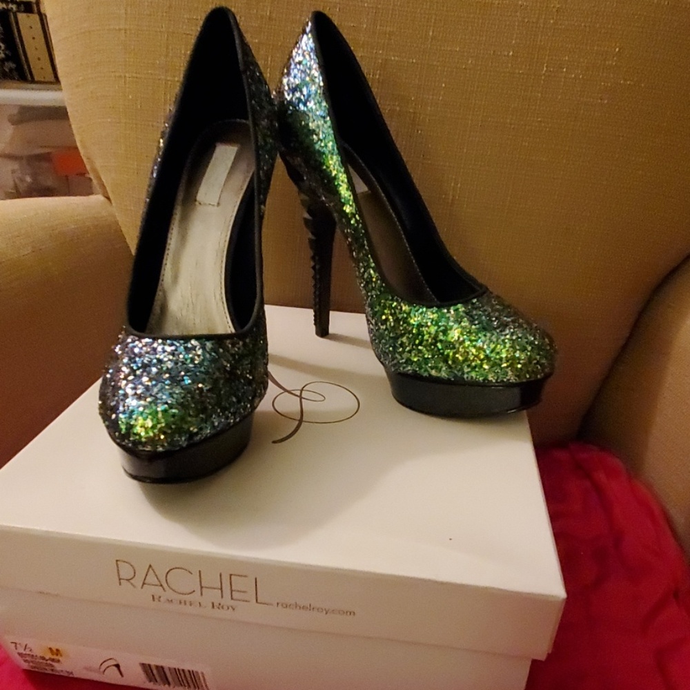 Rachel Roy glitter green heels, brand new in box!